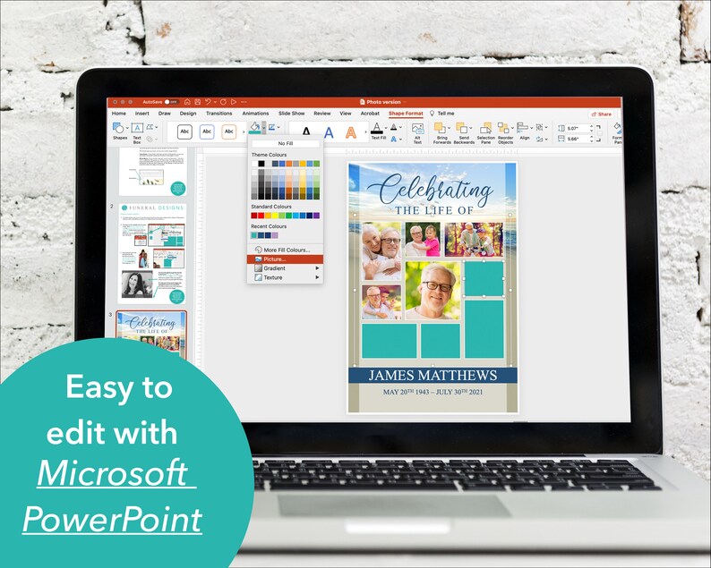 May include: A laptop screen displaying a PowerPoint slide with a blue and white background. The slide has a collage of photos with the text 'Celebrating the Life of James Matthews May 20th 1943 - July 30th 2021'.
