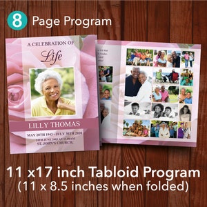 Pink Rose Tabloid Funeral Program Template with 8 Pages | Obituary Template | 11 x 17 inch | Memorial Programs | Memorial Service| 0199