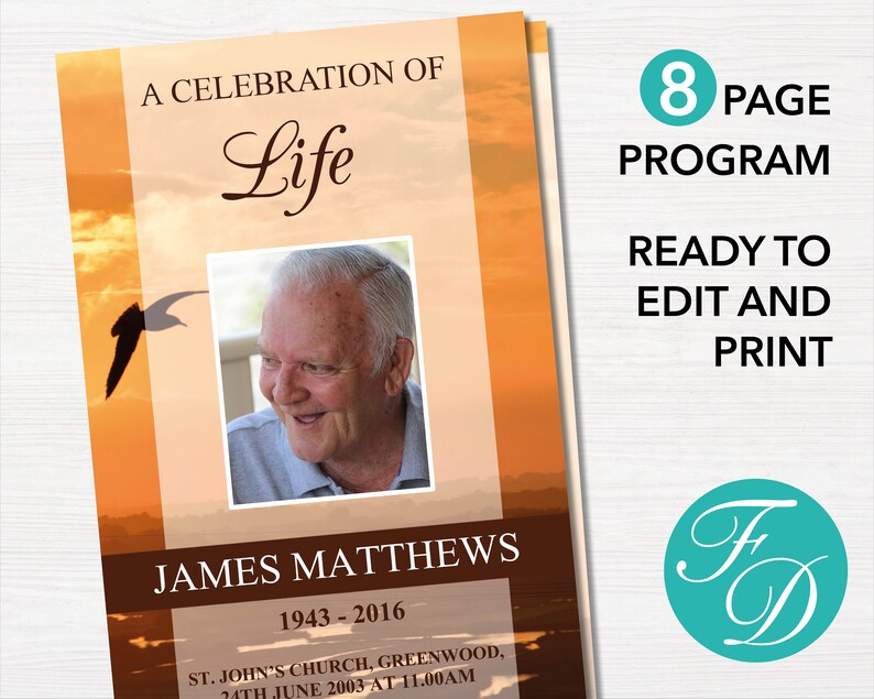 Sunset Funeral Program Template Funeral Printables 8 Page Sunset Program Memorial Programs Memorial Service Obituary Template