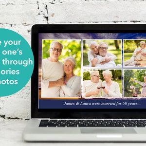 May include: A laptop computer screen displaying a collage of photos of an older couple. The photos show the couple in various settings, including a park, a picnic, and a bike ride. The text "James & Laura were married for 50 years..." is displayed at the bottom of the screen.