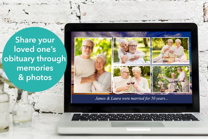May include: A laptop computer screen displaying a collage of photos of an older couple. The photos show the couple in various settings, including a park, a picnic, and a bike ride. The text "James & Laura were married for 50 years..." is displayed at the bottom of the screen.
