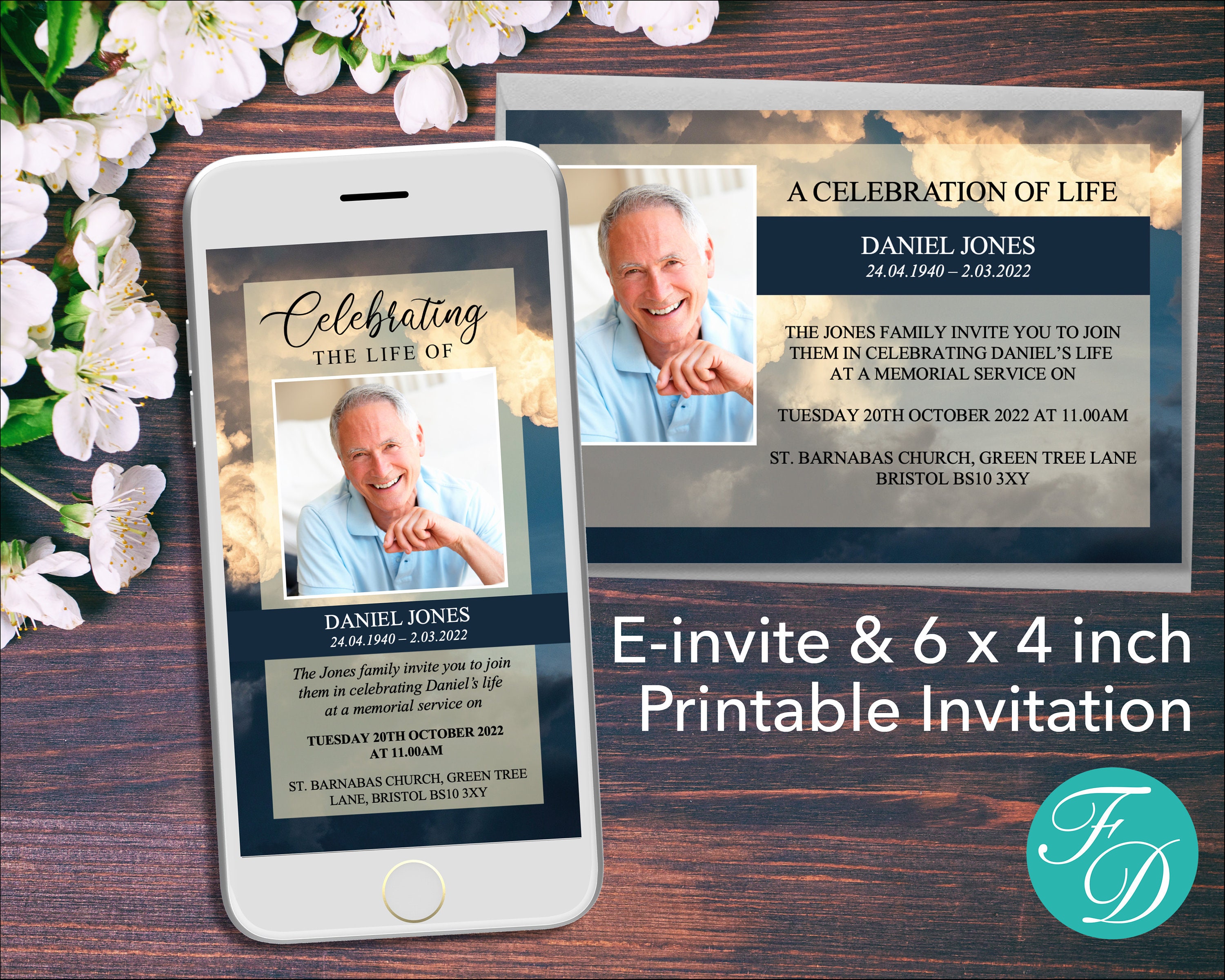 Editable Celebration of Life Evite Floral Memorial Service Blush Roses Electronic Funeral Announcement Funeral Invitation for Smartphones