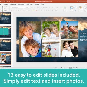 May include: A PowerPoint slide show template with a blue and white cloudy background. The slide features a collage of photos of two boys, with text that reads "James & Tom did everything together". The slide is part of a presentation with 13 easy-to-edit slides.