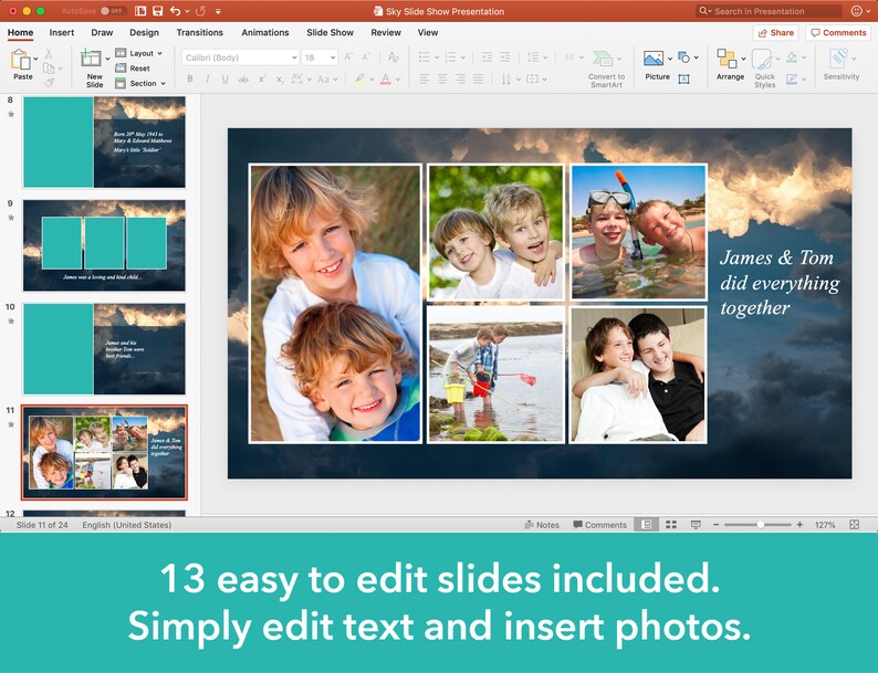 May include: A PowerPoint slide show template with a blue and white cloudy background. The slide features a collage of photos of two boys, with text that reads "James & Tom did everything together". The slide is part of a presentation with 13 easy-to-edit slides.