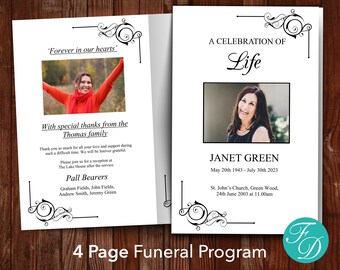 Funeral Program Template with Black Design | Celebration of Life Program | Obituary Template | Memorial Service | Memorial Program | 0262