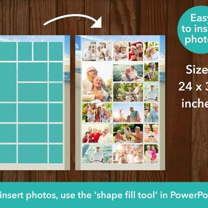May include: A collage template with a light blue background and a white border. The template is divided into 18 squares, each of which can be filled with a photo. The template is 24 inches by 36 inches and is designed to be used with the 'shape fill tool' in PowerPoint. The text 'Easy to insert photos' and 'Size: 24 x 36 inches' is displayed on the right side of the image.