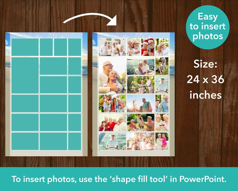 May include: A collage template with a light blue background and a white border. The template is divided into 18 squares, each of which can be filled with a photo. The template is 24 inches by 36 inches and is designed to be used with the 'shape fill tool' in PowerPoint. The text 'Easy to insert photos' and 'Size: 24 x 36 inches' is displayed on the right side of the image.