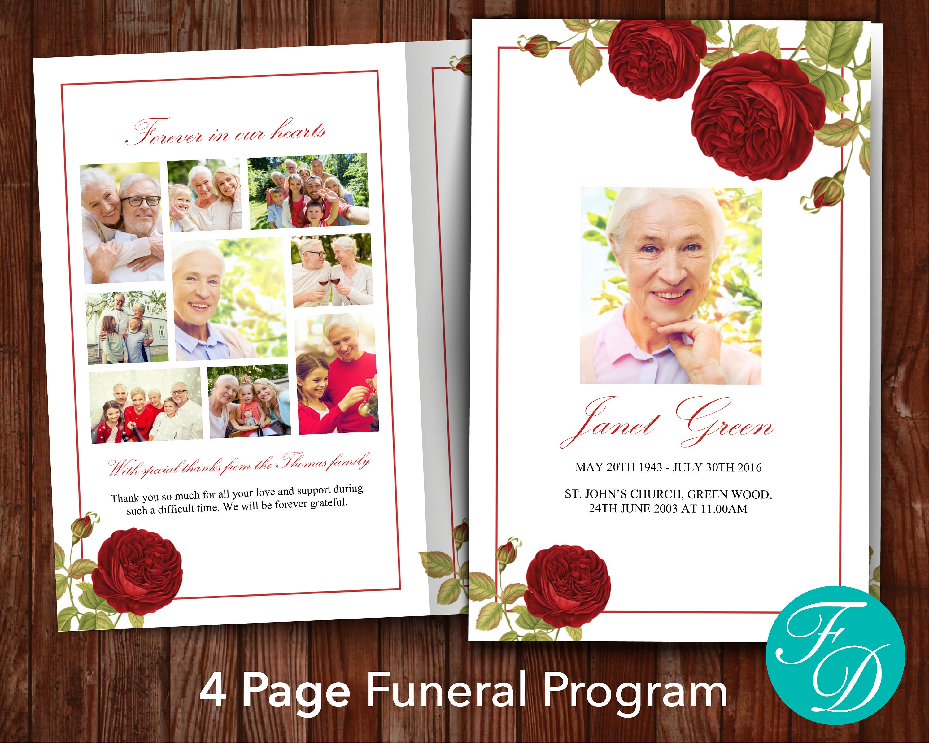 Funeral Program Template With Red Roses Red Rose Obituary - Etsy
