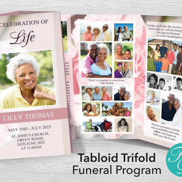 11x17 Trifold Funeral Program Template with Pink Carnations | Tabloid Trifold | Tri-fold Obituary Template | Tri Fold Memorial Program 0112