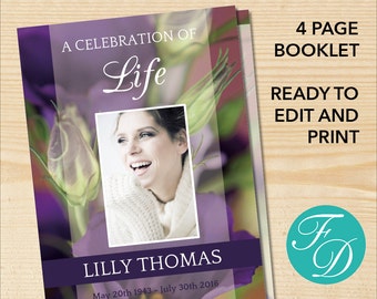 Funeral Program Template | Celebration of Life Program Template | Funeral Program | Purple Obituary Template | Funeral Program Word | 0224