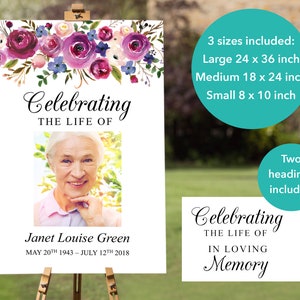 Peut inclure: Une pancarte comm&eacute;morative blanche avec une bordure florale et une photo d'une femme. La pancarte indique "Celebrating the Life of Janet Louise Green May 20th 1943 - July 12th 2018". Trois tailles sont disponibles : 61 x 91 cm, 46 x 61 cm et 20 x 25 cm.