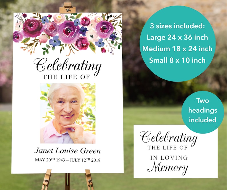 Peut inclure: Une pancarte comm&eacute;morative blanche avec une bordure florale et une photo d'une femme. La pancarte indique "Celebrating the Life of Janet Louise Green May 20th 1943 - July 12th 2018". Trois tailles sont disponibles : 61 x 91 cm, 46 x 61 cm et 20 x 25 cm.