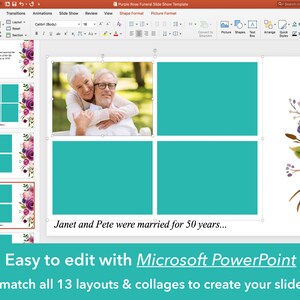 Peut inclure: Un mod&egrave;le PowerPoint pour un diaporama fun&eacute;raire avec un fond bleu sarcelle et un collage de photos. Le mod&egrave;le pr&eacute;sente un motif floral avec des fleurs violettes, roses et blanches. Le texte "Janet et Pete &eacute;taient mari&eacute;s depuis 50 ans..." est affich&eacute; sous le collage. Le texte "Facile &agrave; modifier avec Microsoft PowerPoint" est affich&eacute; en bas du mod&egrave;le.