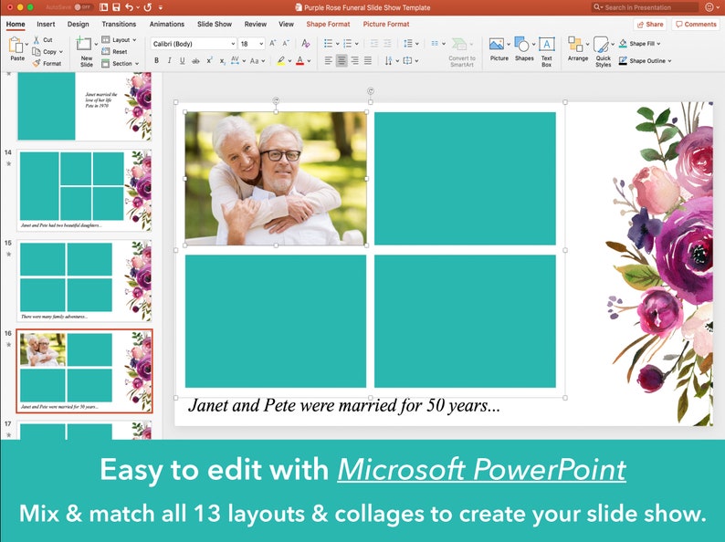 Peut inclure: Un mod&egrave;le PowerPoint pour un diaporama fun&eacute;raire avec un fond bleu sarcelle et un collage de photos. Le mod&egrave;le pr&eacute;sente un motif floral avec des fleurs violettes, roses et blanches. Le texte "Janet et Pete &eacute;taient mari&eacute;s depuis 50 ans..." est affich&eacute; sous le collage. Le texte "Facile &agrave; modifier avec Microsoft PowerPoint" est affich&eacute; en bas du mod&egrave;le.