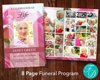 8 Page Funeral Program Template with Pink Roses | 8 Page Obituary Template | Celebration of Life Program | Funeral Program Word | 0142