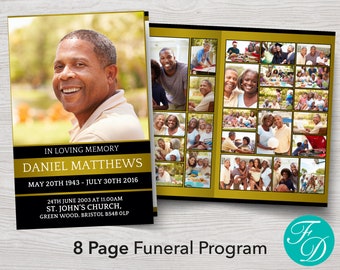 8 Page Funeral Program Template for Man | Gold Obituary Template for Men | Loss of Husband, Brother, Son, Father | Celebration of Life 0299