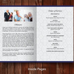 Inside pages of 8 page funeral program template with fold down the middle. Left page has space for one or more photos plus the obituary. Right page has more space for a longer obituary or funeral songs, poems or readings. All content is editable.