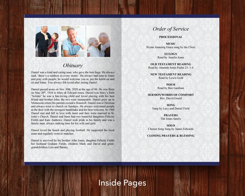 Inside pages of 8 page funeral program template with fold down the middle. Left page has space for one or more photos plus the obituary. Right page has more space for a longer obituary or funeral songs, poems or readings. All content is editable.