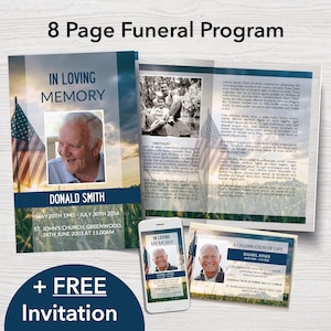 Military Funeral Program Template + FREE Memorial Evite, 8 Page American Flag Funeral Program, Veteran Celebration of Life Program | 0086