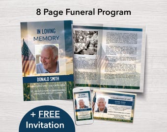 Military Funeral Program Template + FREE Memorial Evite, 8 Page American Flag Funeral Program, Veteran Celebration of Life Program | 0086