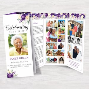 Trifold Funeral Program Template for Woman | Trifold Obituary Template for Women | Purple Celebration of Life Program Template | 0298