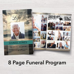 Peut inclure: Un programme funéraire de 8 pages avec une couverture bleue et blanche représentant une photo d'un homme et le texte "A Celebration of Life" et "Daniel Jones". Les pages intérieures présentent des photos du défunt et de ses proches.