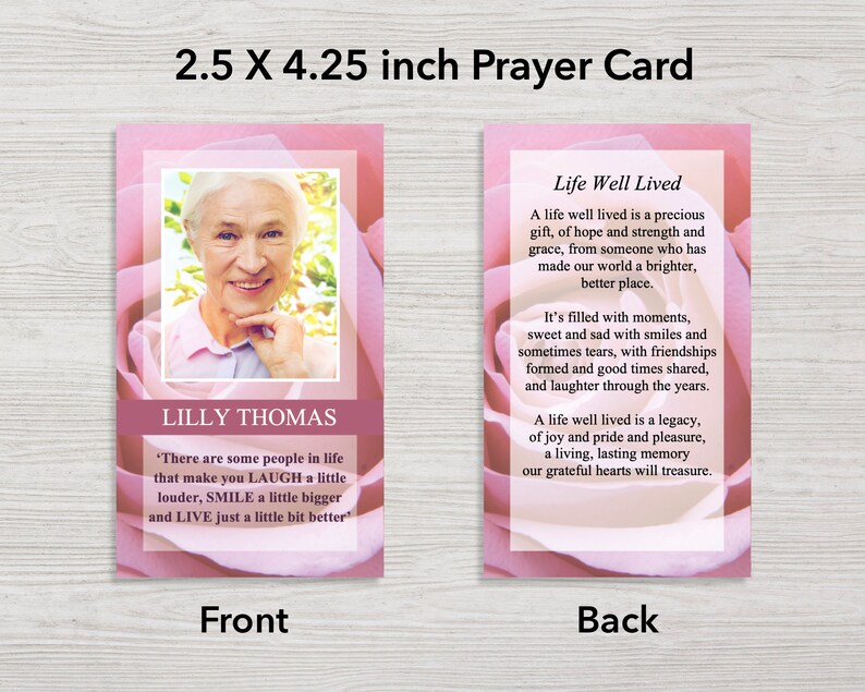 Pink Rose Funeral Prayer Card Funeral Template Funeral Favor Celebration of life Pink Funeral Cards Memorial Prayer Cards 0199 image 2