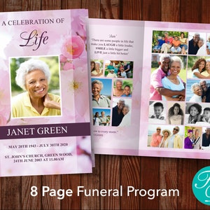 8 Page Pink Blossom Funeral Program Template | Obituary Template | Floral Memorial Program | Memorial Service | Pink Funeral Template | 0150
