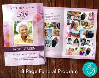 8 Page Pink Blossom Funeral Program Template | Obituary Template | Floral Memorial Program | Memorial Service | Pink Funeral Template | 0150