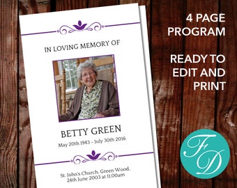 Classic Funeral Program Template with Purple Border | Celebration of Life Program | Order of Service | Obituary Template | Memorial Program