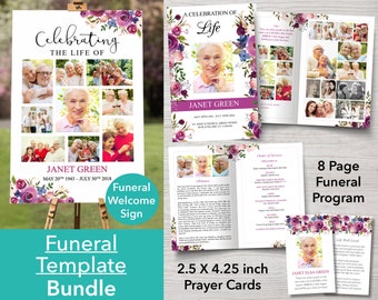 8 Page Funeral Program Template Bundle includes - 8 Page Funeral Program, Funeral Welcome Sign and Funeral Prayer Card included | 0136