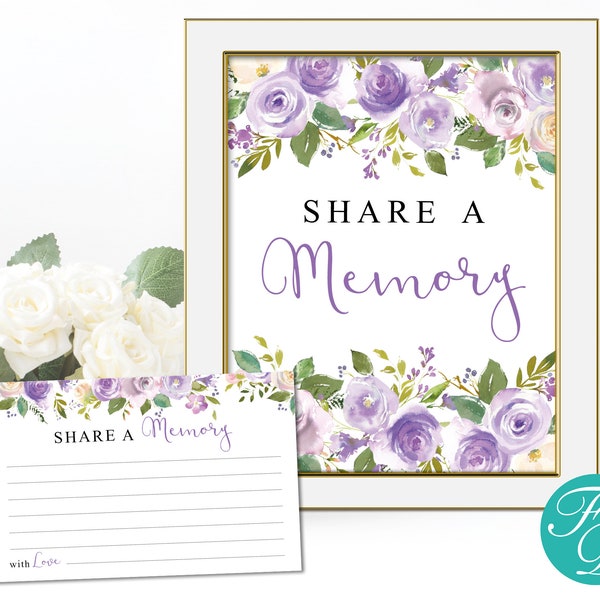 Purple Floral Share a Memory Sign & Cards - Purple Funeral Sign | Floral Memorial Sign | Memorial ideas | Funeral Ideas | 0094