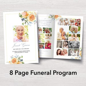 8 Page Funeral Program Template for Woman | Funeral Booklet with Yellow Roses | 8 Page Obituary Template | Celebration of Life Program 0168