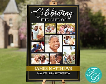 Black and Gold Funeral Welcome Sign for Men | Celebration of Life Poster | Funeral Poster | Photo Collage Funeral Sign | Memorial | 0299