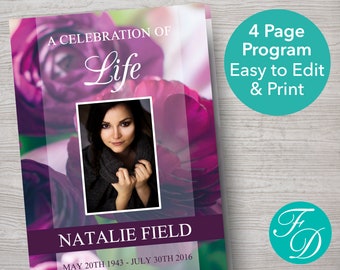 Purple Funeral Program Template | Purple Obituary Template | Purple Funeral Brochure | Celebration of Life Program Template | 0230