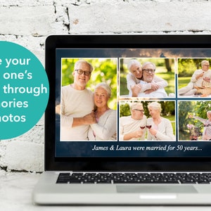 May include: A laptop computer screen displaying a collage of photos of an older couple. The photos show the couple in various settings, including a park, a picnic, and a bike ride. The text "James & Laura were married for 50 years..." is displayed below the photos.