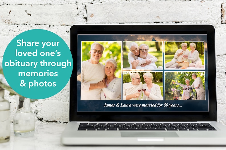 May include: A laptop computer screen displaying a collage of photos of an older couple. The photos show the couple in various settings, including a park, a picnic, and a bike ride. The text "James & Laura were married for 50 years..." is displayed below the photos.