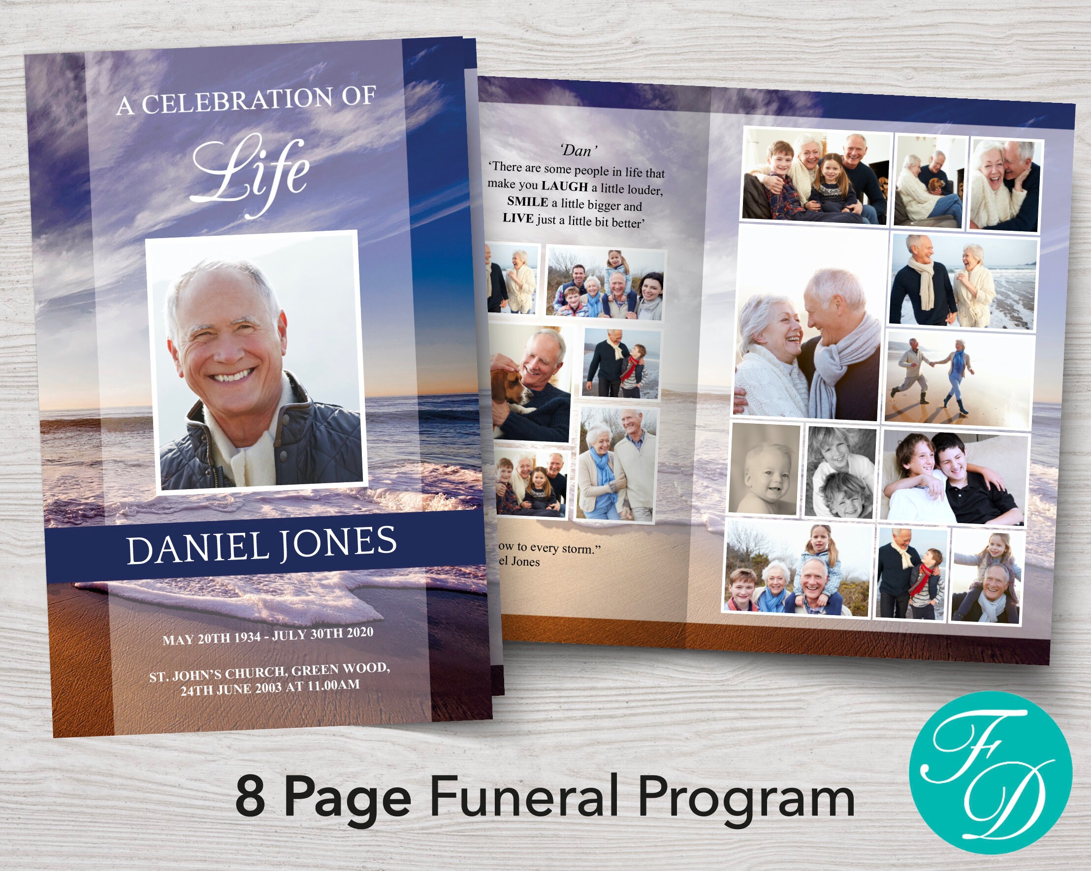 8 Page Funeral Program Template with Photo Collages 0290 Memorial