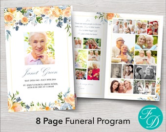 8 Page Funeral Program Template for Woman | Funeral Booklet with Yellow Roses | 8 Page Obituary Template | Celebration of Life Program 0168