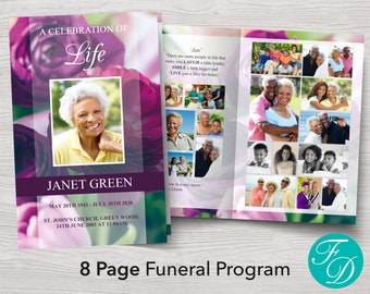 8 Page Floral Funeral Program Template | 8 Page Obituary Template | Celebration of Life | Memorial Programs | Memorial Service | 0230