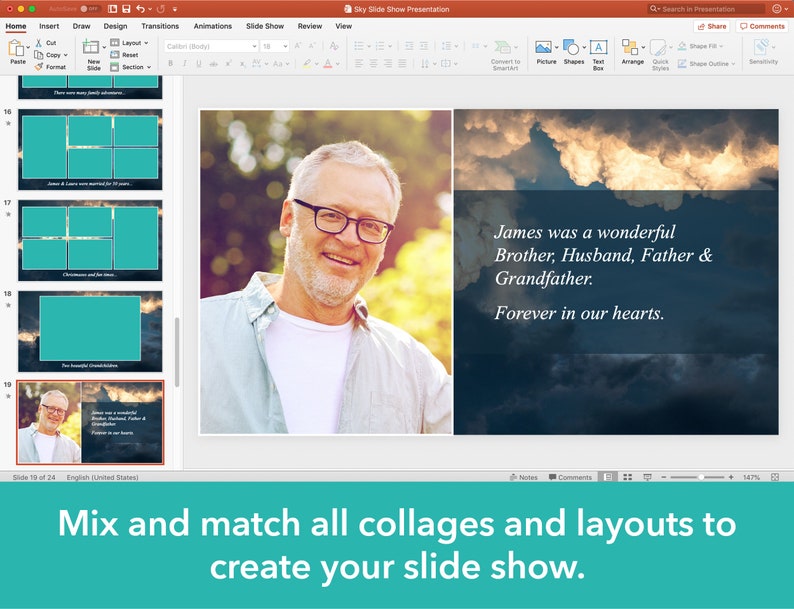 May include: A slideshow template with a collage layout featuring a photo of a man smiling and the text "James was a wonderful Brother, Husband, Father & Grandfather. Forever in our hearts."