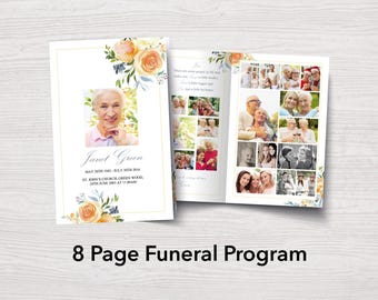 8 Page Yellow Rose Funeral Program Template - Celebration of Life Program | Watercolor Funeral Template | Obituary Program | 0168