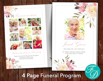 Funeral Program Template with Watercolor Flowers | Celebration of Life | Order of Service | Memorial Program | Memorial Service | 0101