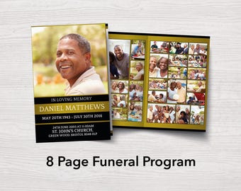 8 Page Funeral Program Template for Man | Gold Obituary Template for Men | Loss of Husband, Brother, Son, Father | Celebration of Life 0299