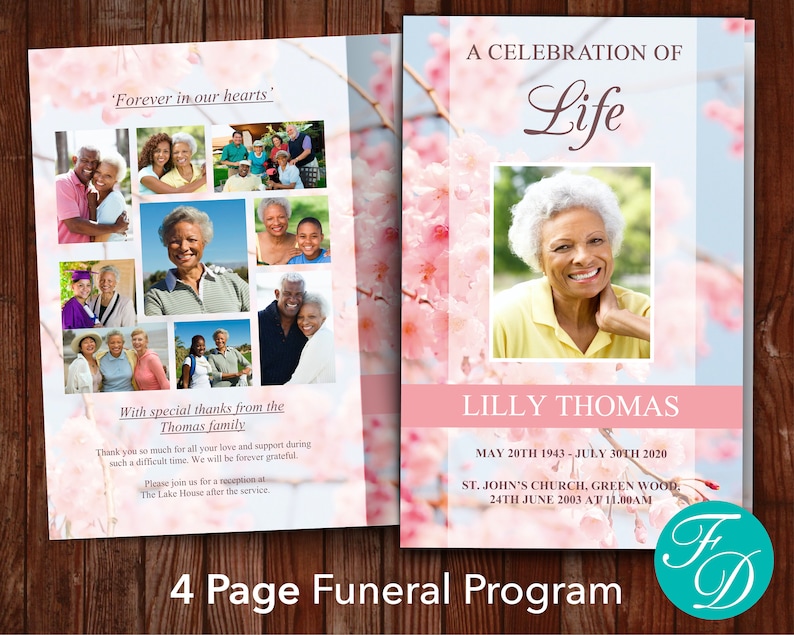 Pink Funeral Program Template Celebration of Life Program Obituary Template Pink Memorial Program Pink Blossom Funeral Program 0121 image 1