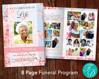 Pink Funeral Program Template | 8 Page Funeral Template | 8 Page Obituary Template | 8 Page Celebration of Life Program | 0121
