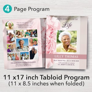 11 x 17 Pink Carnations Funeral Program Template | Pink Tabloid Obituary Template | Pink Celebration of Life | Pink Memorial Program | 0112