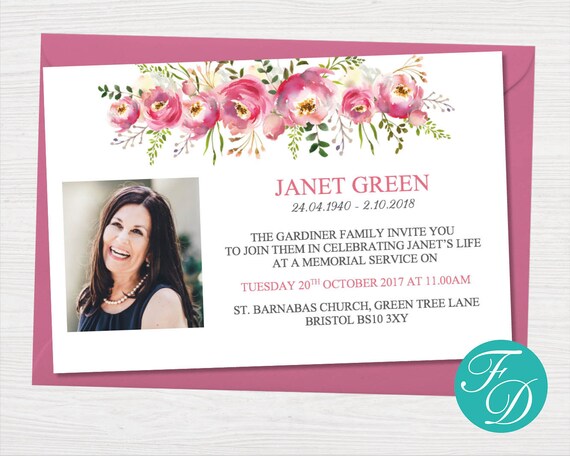 pink watercolor funeral announcement card funeral invitation etsy memorial invitation