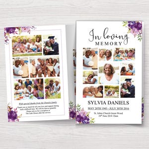 Könnte beinhalten: Eine Gedenkkarte mit einer Collage von Familienfotos. Die Karte hat ein violettes Blumenmuster und den Text "In liebevoller Erinnerung" und "Sylvia Daniels 20. Mai 1943 - 30. Juli 2016 St. Johns Church Green Wood 24. Juni 2018 10:00 Uhr".
