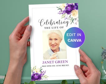 Plantilla de programa funerario Canva Purple Bloom: Programa conmemorativo de 4 páginas fácil de editar en Canva, descargar e imprimir.